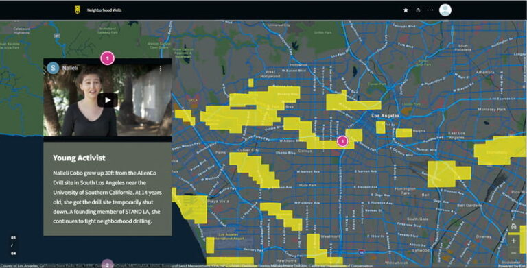 An ArcGIS StoryMaps narrative that has a map of Los Angeles on the right with different areas highlighted in yellow and an image of a young woman on the left with text below introducing her as activist Nalleli Cobo