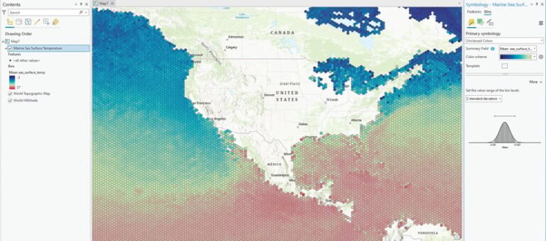 A map of the United States in ArcGIS Enterprise that shows the oceans in polygons that range in color from dark blue in the Arctic to light red further south