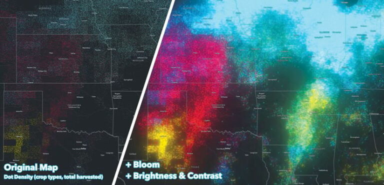 A map split in half with the left showing dull clusters of dots on a dark background and the right showing vibrant pink, yellow, green, and blue clusters of dots