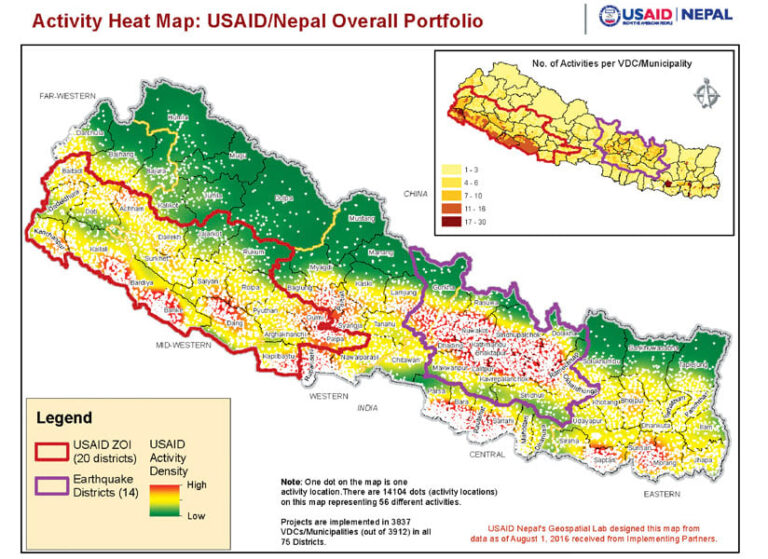 A big map of Nepal that shows the density of USAID/Nepal activity throughout the country, with green representing low levels of activity and red representing high levels of activity, along with a smaller map of Nepal that indicates the number of activities in each region of the country