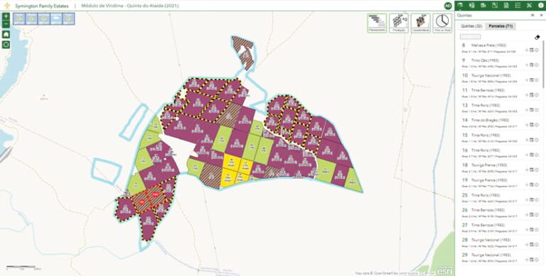 A digital map of the estate with different sections of vineyard colored purple, green, yellow, and green and purple striped