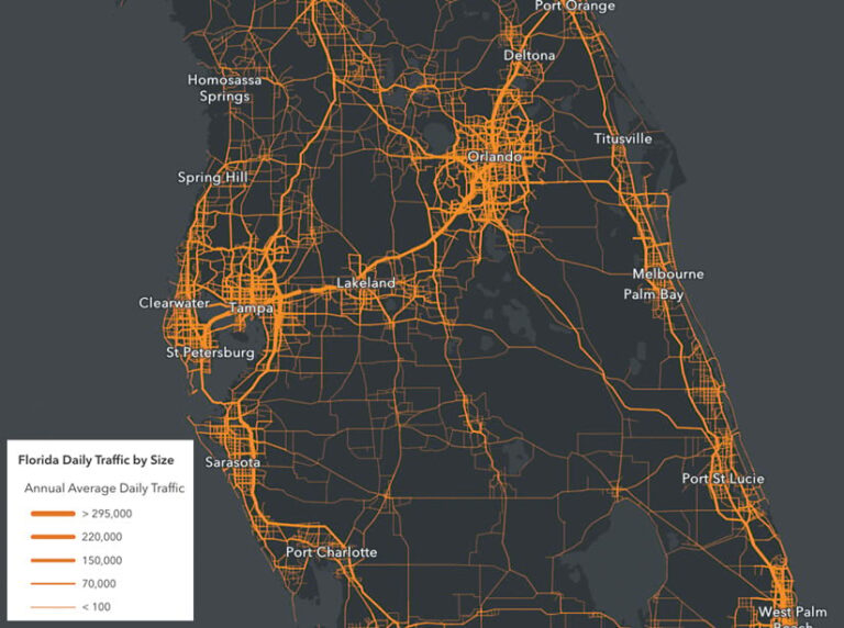 A map of highways around Orlando, Florida, with heavily trafficked ones represented by thick orange lines and ones with less traffic represented by thin orange lines A map of highways around Orlando, Florida, with heavily trafficked ones represented by thick orange lines and ones with less traffic represented by thin orange lines