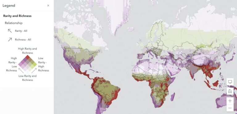 A map of the world that shows various parts of Latin America, central and southern Africa, and Asia in red—indicating high rarity and richness of species—with other areas in white, green, and varying shades of purple A map of the world that shows various parts of Latin America, central and southern Africa, and Asia in red—indicating high rarity and richness of species—with other areas in white, green, and varying shades of purple