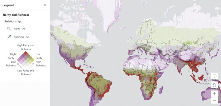 A map of the world that shows various parts of Latin America, central and southern Africa, and Asia in red—indicating high rarity and richness of species—with other areas in white, green, and varying shades of purple