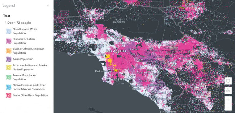 A map of the Los Angeles, California, area showing clusters of pink, yellow, purple, and white dots that indicate different ethnicities