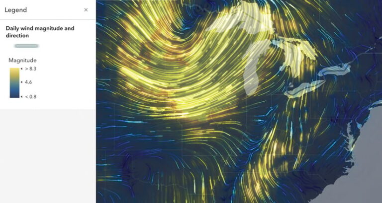 A dark blue map of the Midwestern United States with streaks of yellow and orange that indicate wind magnitude and direction A dark blue map of the Midwestern United States with streaks of yellow and orange that indicate wind magnitude and direction
