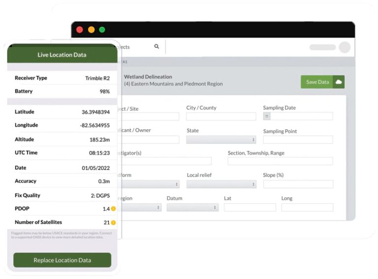 A smartphone screen with live location data information on it and a tablet screen showing a form that’s ready to be filled in