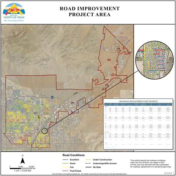An aerial map of the City of North Las Vegas with an inset that shows an area of roads that are in excellent (blue), good (green), fair (yellow), and poor (red) condition An aerial map of the City of North Las Vegas with an inset that shows an area of roads that are in excellent (blue), good (green), fair (yellow), and poor (red) condition