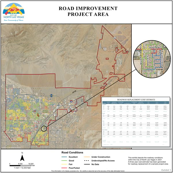 An aerial map of the City of North Las Vegas with an inset that shows an area of roads that are in excellent (blue), good (green), fair (yellow), and poor (red) condition