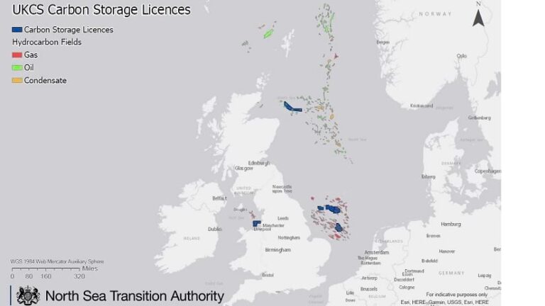 A map showing the location of carbon capture and storage areas in the North Sea