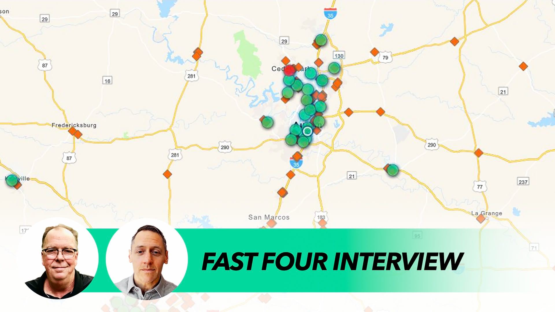 Interview participants Gary Sankary and Chris Chiappinelli on a map of San Marcos Texas