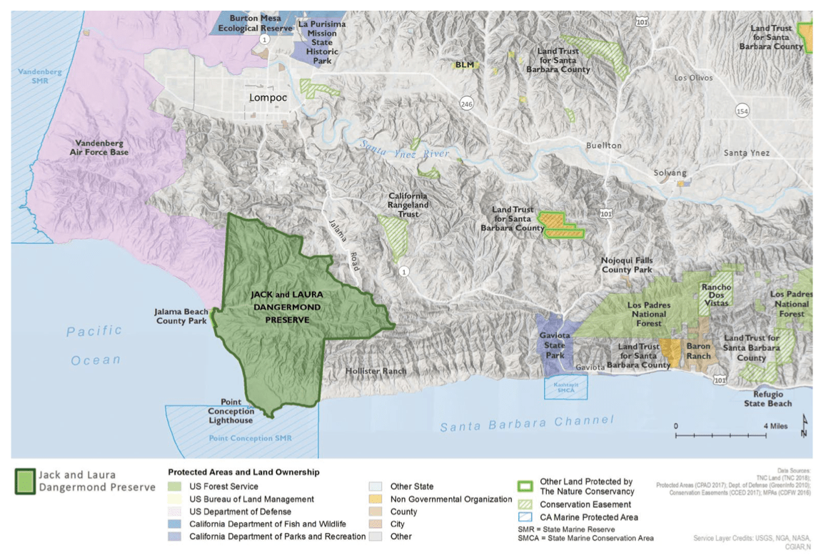 Protected areas map around the Dangermond Preserve