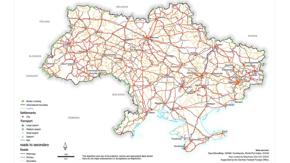 Ukraine transport and border crossing map.