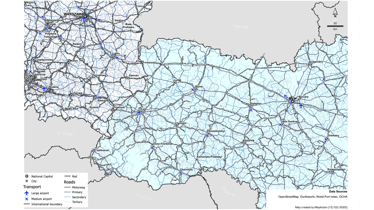 Ukraine and Poland transportation connection map