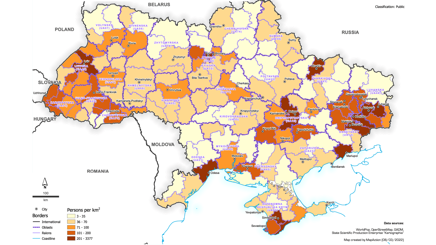 Ukraine population density map