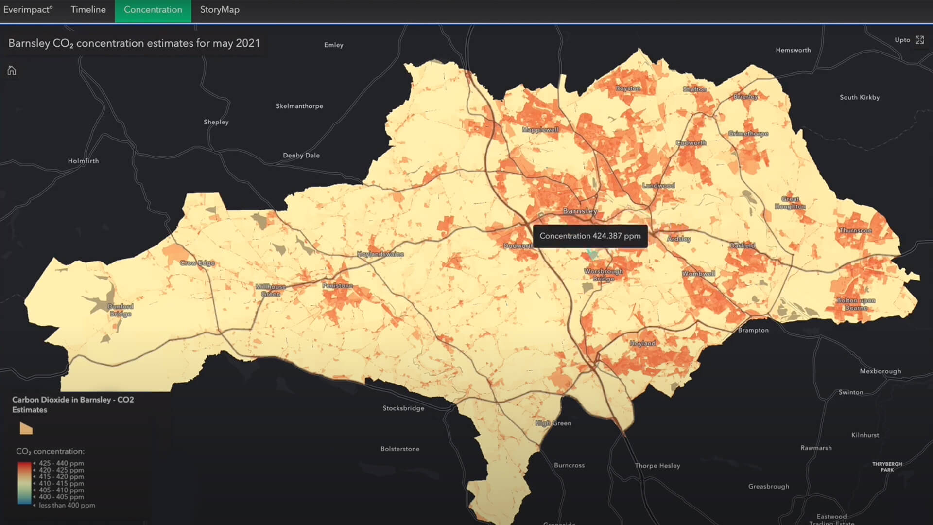 Carbon emissions appear as yellow and orange areas on a map of a UK town