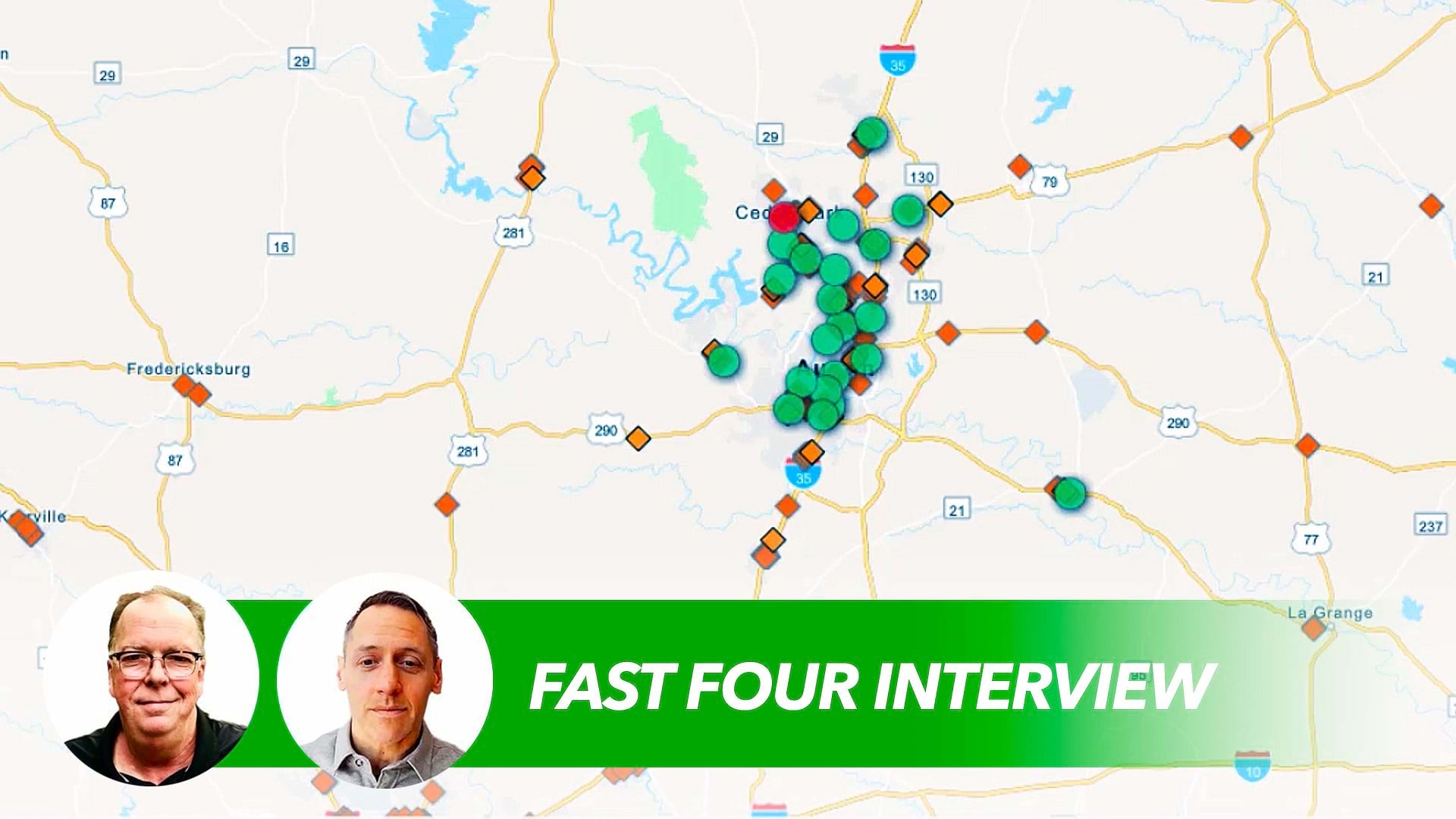Interview participants Gary Sankary and Chris Chiappinelli on a map of San Marcos Texas