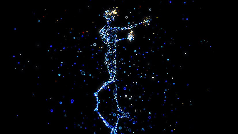 A collection of blue dots forms a digital human silhouette