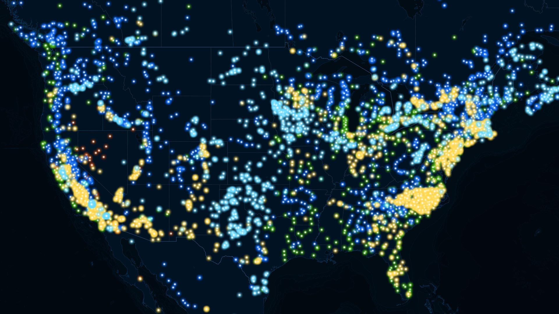 A United States map with blue and yellow dots--dummy data to symbolize internet access