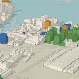 a 3D map of city buildings possibly exposed to climate risk