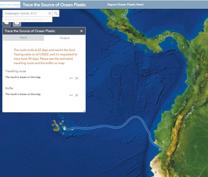 A map of the Galápagos Islands tracing a piece of trash back to its likely origin on mainland South America