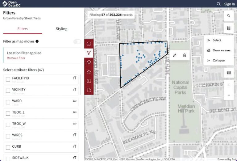 A map showing the Select and Draw an area buttons with a list of filtering options on one side