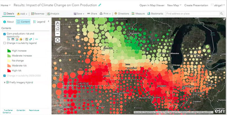 A map with differently sized red, orange, yellow, and green dots on it with a legend on the left side