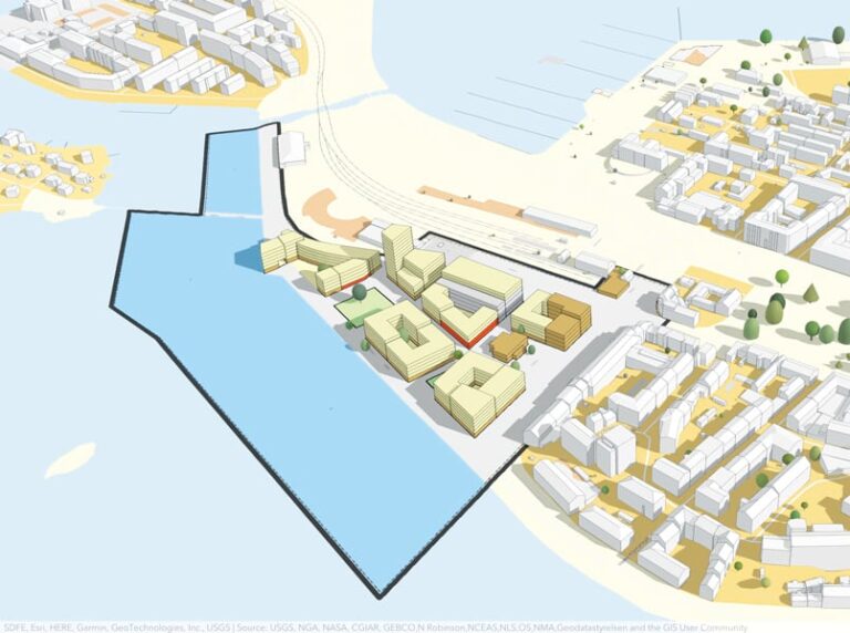 A 3D map of some buildings by water with some of the water and a few buildings selected in a polygon