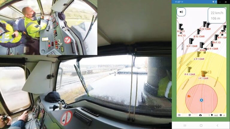 A photo of a train conductor driving a train next to a photo looking out the front of the train next to a map that shows the train’s location in context of where there are SPADs A photo of a train conductor driving a train next to a photo looking out the front of the train next to a map that shows the train’s location in context of where there are SPADs