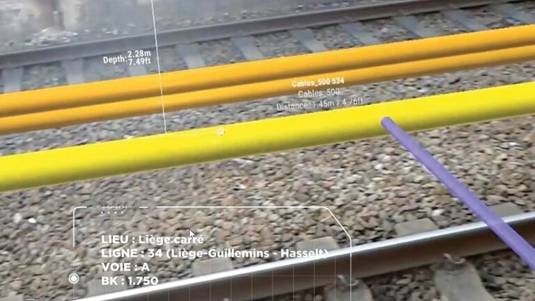 A view of railway assets—shown in orange, yellow, and purple—from augmented reality (AR) headsets