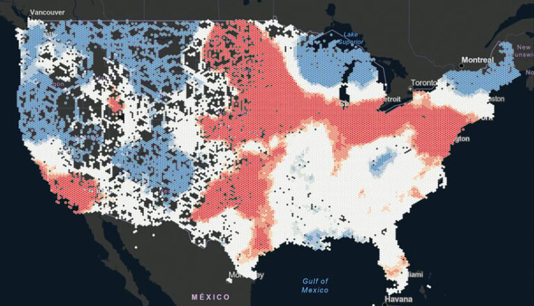 A map of the United States showing clusters of hexagonal blue dots in the west, northwest, and northeast; hexagonal red dots in the Midwest, parts of the south, and Southern California; and hexagonal white dots and black spaces on the rest of the map