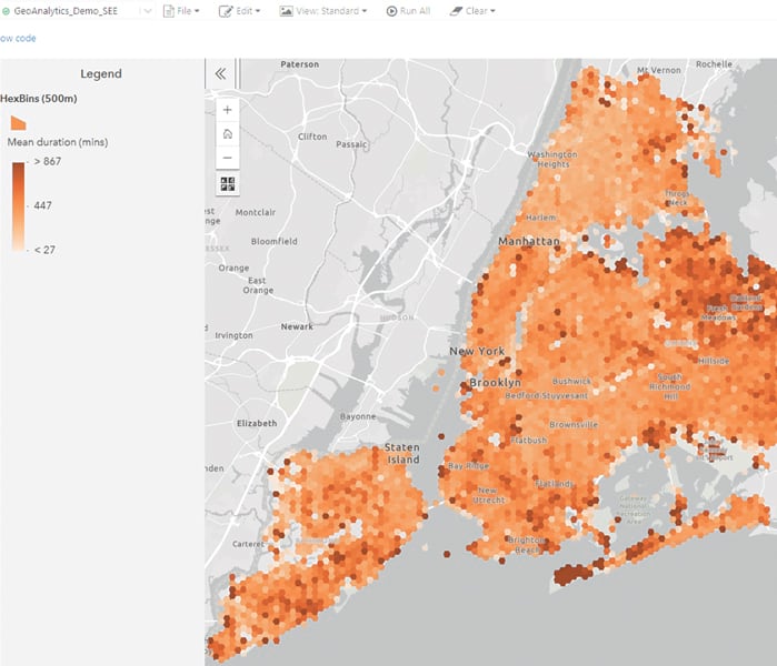A map of the five boroughs of New York showing hexagonal dots in various shades of orange A map of the five boroughs of New York showing hexagonal dots in various shades of orange