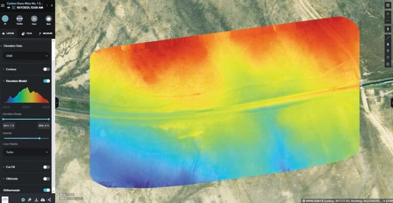 Imagery of mine land with a red, orange, yellow, green, and blue elevation model on top of it and information about the area on the side of the screen