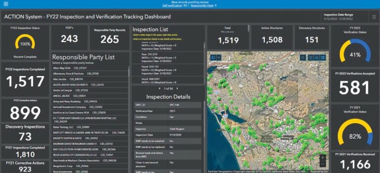A dashboard that tracks inspections of post-construction best management practices (BMPs), with a map of Carlsbad covered in green dots and statistics on how the inspection and verification process is going