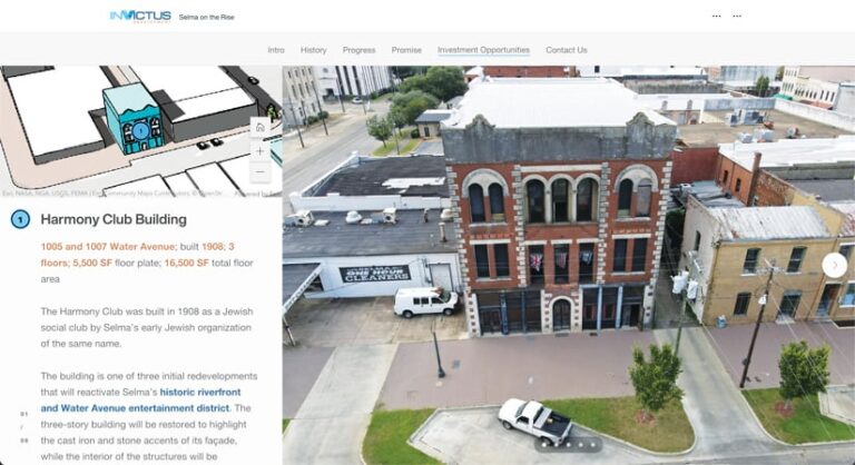 A page in an ArcGIS StoryMaps narrative showing the exterior of a building in Selma and information about the property