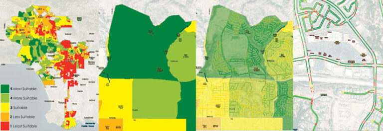 Four maps of an area showing suitable locations for electric vehicle (EV) charging stations in green and yellow and unsuitable locations for EV charging stations in orange and red