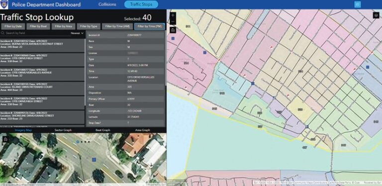 A dashboard showing a pink, orange, yellow, green, and blue map of Alameda with aerial imagery of one intersection and a list of incidents with details about one of the traffic stops