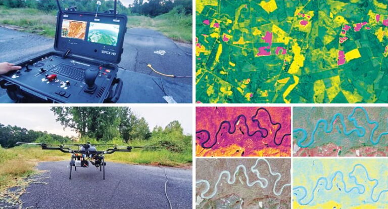 Four squares that show, clockwise from top left, a done controller; imagery of land that highlights different areas in green, yellow, and pink; four images of the same river with differently colored overlays; and a drone