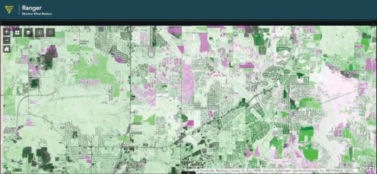 The Ranger app interface, showing an aerial image of an area with different tracts of land colored various shades of green and pink