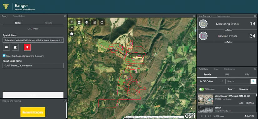 The Ranger app interface, showing an aerial image of land with certain areas outlined in red and information on side panels about tasks and events