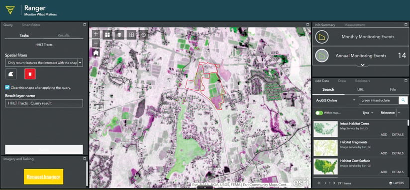 The Ranger app interface, showing an aerial image of land with most areas highlighted in shades of pink and a few highlighted in green and information about tasks and monitoring events shown in side panels