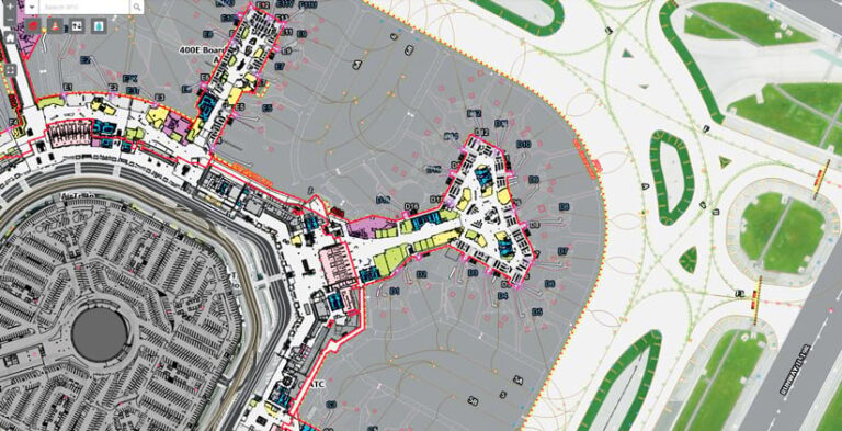 A representation of one of SFO’s terminals, with the interior spaces colored green, yellow, blue, and various shades of pink according to what each space does