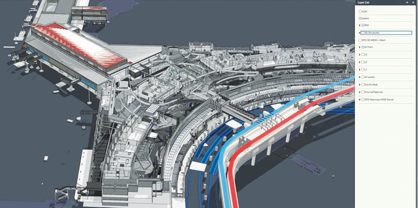 A 3D model of a building next to the AirTrain