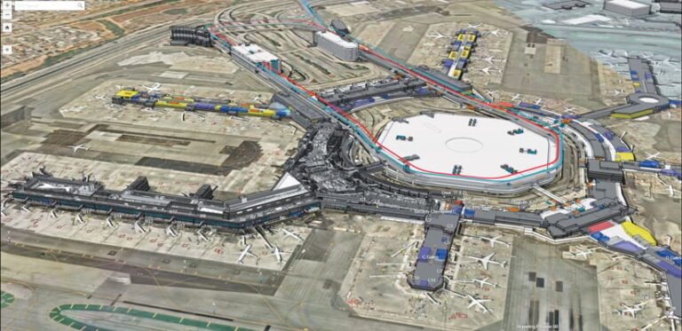 A 3D rendition of San Francisco International Airport, showing all the terminals and concourses from an oblique, overhead angle