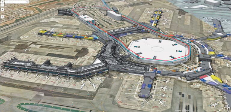A 3D rendition of San Francisco International Airport, showing all the terminals and concourses from an oblique, overhead angle A 3D rendition of San Francisco International Airport, showing all the terminals and concourses from an oblique, overhead angle