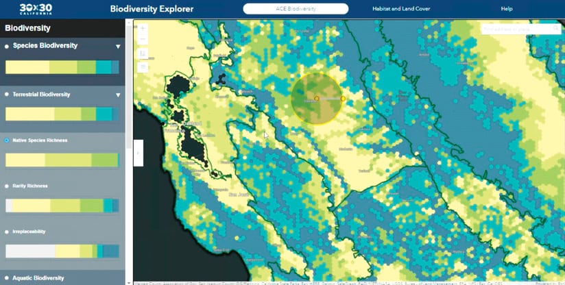 A blue and yellow map of central California with a legend on the left that explains how those colors indicate biodiversity A 3D map of utilities inside a building