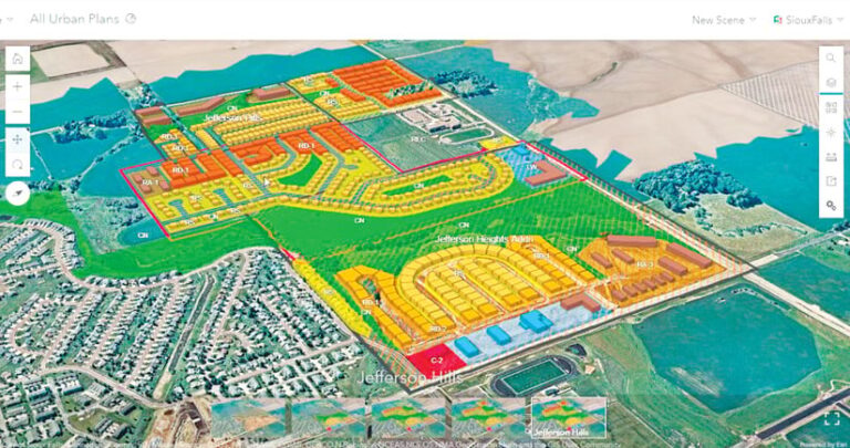 A 3D map of a planned development overlaid onto imagery of the existing town
