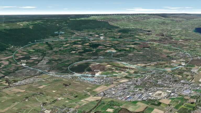 An aerial view of where CERN is located with light blue lines outlining its underground infrastructure An aerial view of where CERN is located with light blue lines outlining its underground infrastructure