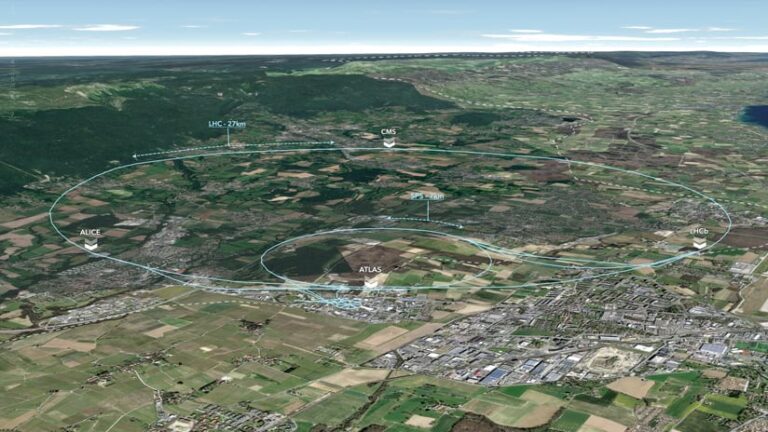 An aerial view of where CERN is located with light blue lines outlining its underground infrastructure