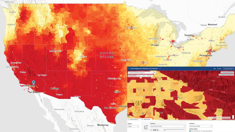 A red, orange, and yellow map of the United States with a more detailed red and yellow map showing Redlands, California, and surrounding areas, indicating how bad droughts might become by the end of the century
